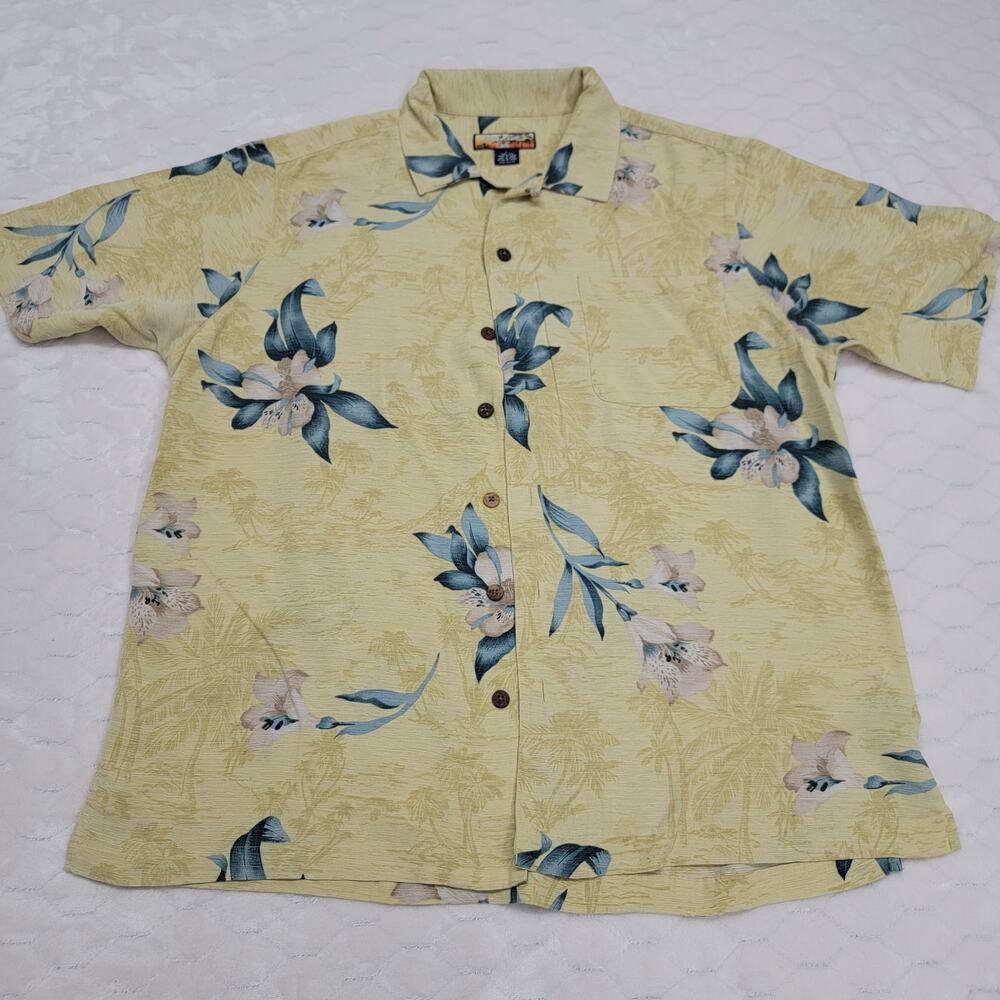 Havana Jack's Cafe 100% Silk Shirt Large L Yellow Floral Tropical Aloha Camp